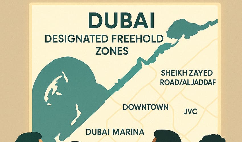 Diverse investors studying a map of Dubai's designated freehold zones, planning where to buy property in Dubai.