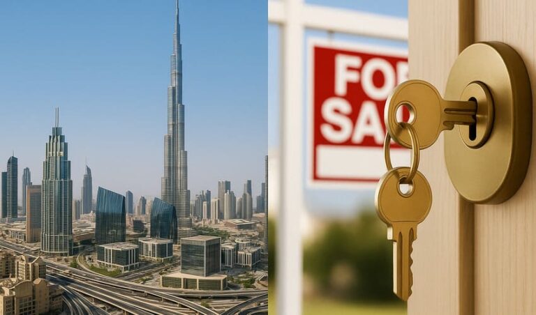 Split image contrasting the Dubai skyline with a key unlocking a property, representing foreign ownership opportunities in Dubai real estate.