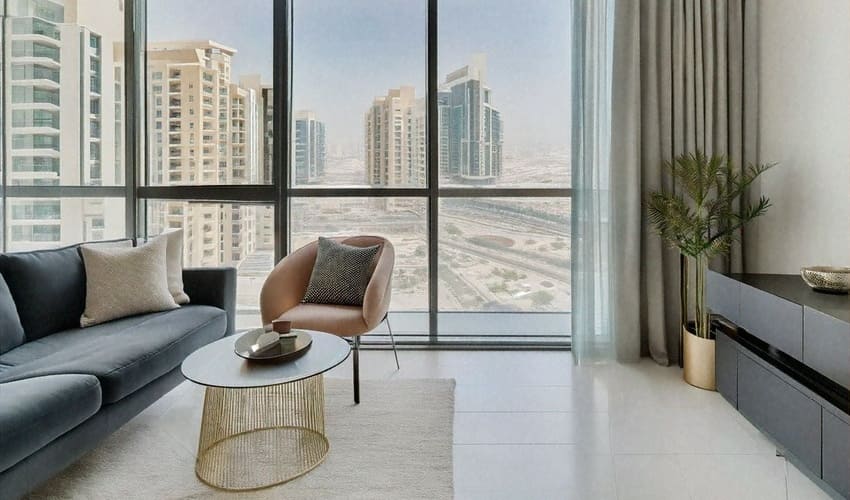 Interior view of a modern, affordable apartment in Dubai's JVC, showcasing attractive property options for sale.