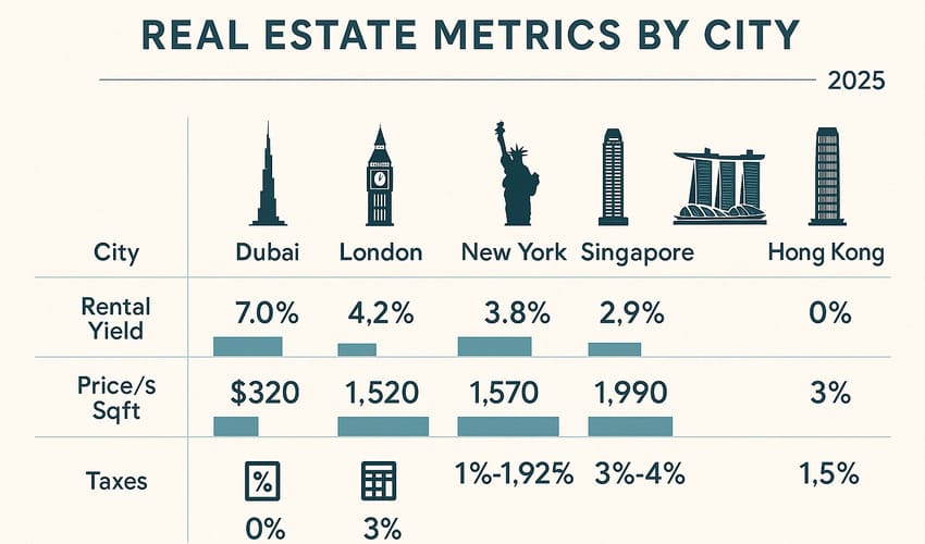 Infographic comparing Dubai real estate metrics vs London, New York, Singapore, Hong Kong in 2025, highlighting Dubai's higher yields and lower taxes.
