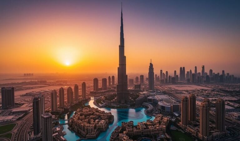 Vibrant Dubai skyline at sunset, showcasing investment potential in Dubai real estate 2025.