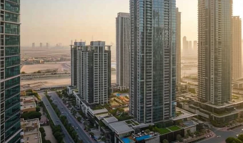 Modern residential buildings in JVC, highlighting the area's rapid development and investment potential.