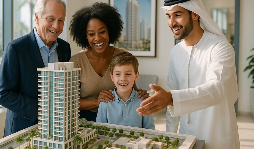 Diverse international investors exploring Dubai real estate options in 2025.