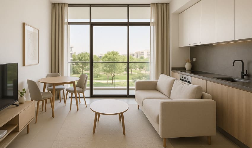 Modern 1 BHK apartment for sale in JVC, Dubai, showcasing accessible luxury like Sereno Residences.