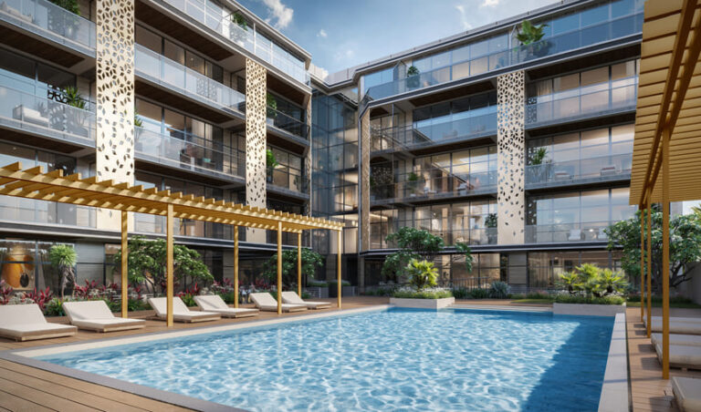 Modern architecture of Sereno Residences by Svarn Development, a prime example of quality JVC apartments for sale.