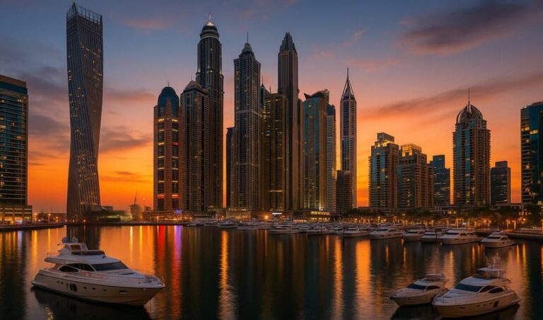 Luxurious Dubai Marina skyline at sunset, showcasing modern architecture and waterfront lifestyle appealing to HNWIs investing in Dubai real estate.