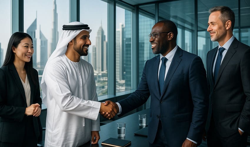 International investors finalizing a deal in Dubai's DIFC, symbolizing the ease of doing business and investment appeal for HNWIs.
