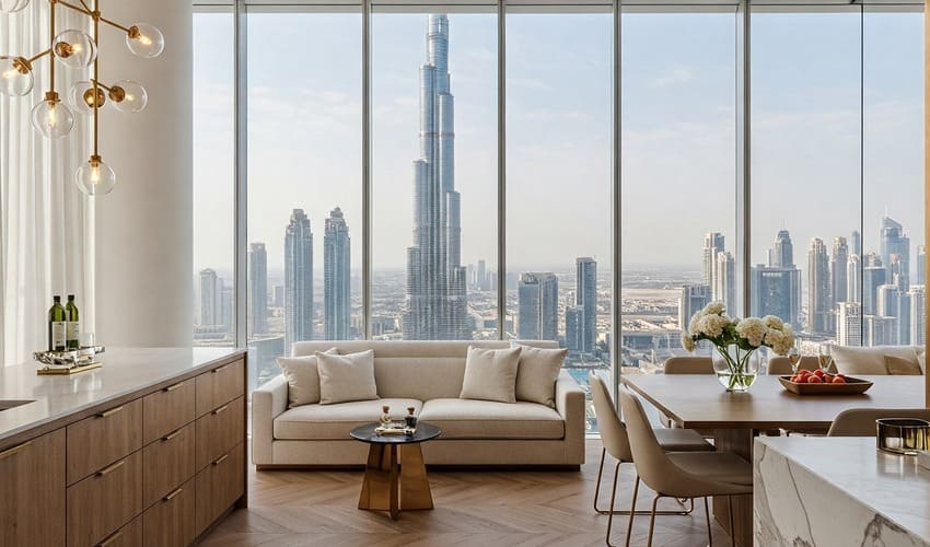 Sophisticated penthouse interior in Downtown Dubai with Burj Khalifa view, representing luxury Dubai apartments for sale.