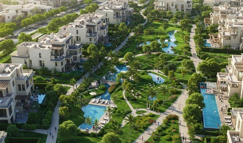 Aerial view of a green, family-friendly community in Dubai, highlighting the high quality of life and diverse real estate options like villas and apartments for sale in Dubai.