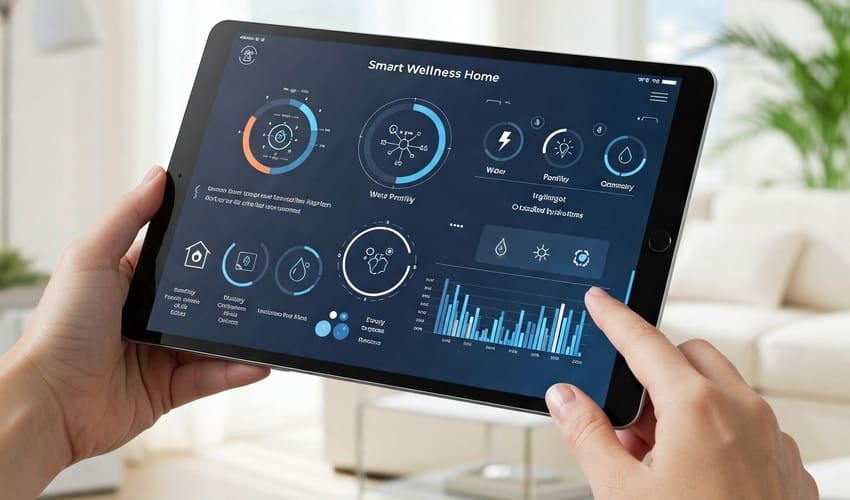 Smart home dashboard displaying real-time wellness metrics like air quality and lighting, illustrating future technology in wellness real estate.