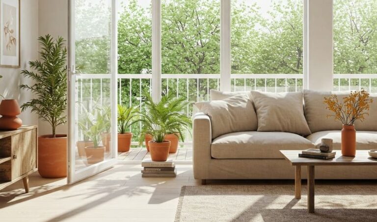 Modern living room in a wellness-focused home showcasing natural light, biophilic design with indoor plants, and sustainable materials.
