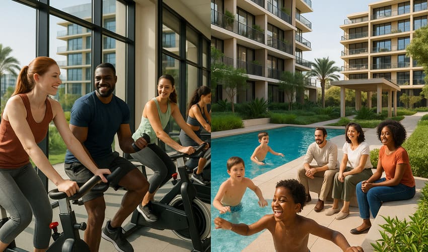 Residents enjoying integrated wellness amenities like a gym, pool, and green spaces in a modern Dubai community promoting a healthy lifestyle.