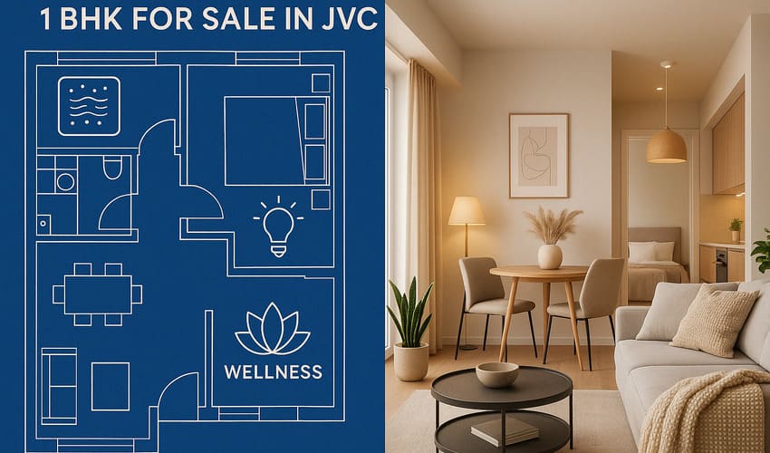 Blueprint and interior photo split-screen showcasing wellness design features in a modern Dubai apartment like those available in JVC.