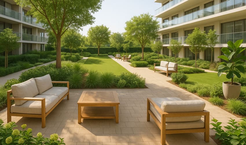 Landscaped community garden area in a Dubai wellness real estate development (Sereno Residences, JVC) promoting relaxation and social connection.