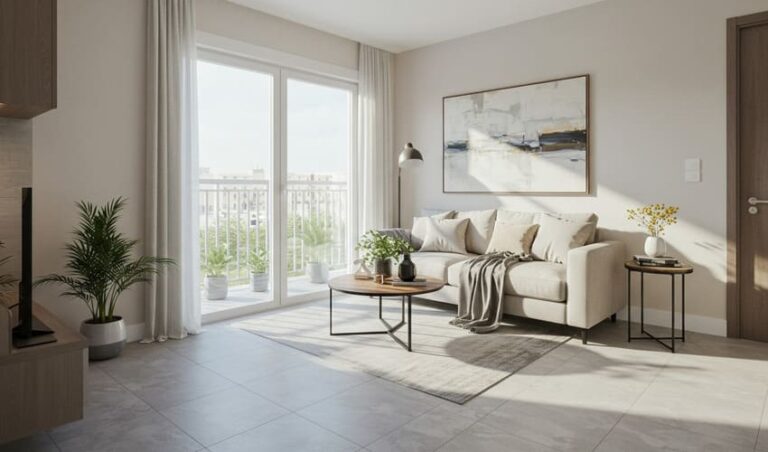 Bright 1‑BHK living room in JVC apartment