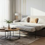 Compact living room with sofa-bed and nesting tables.