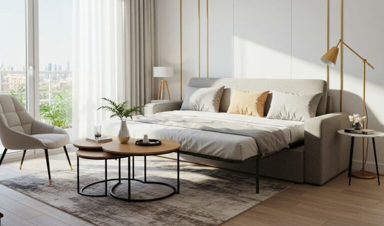 Compact living room with sofa-bed and nesting tables.