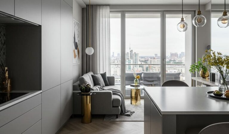 Compact luxury studio with smart storage and natural light