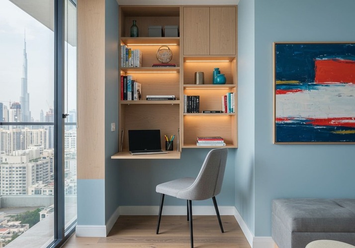 Compact study corner with foldable desk.