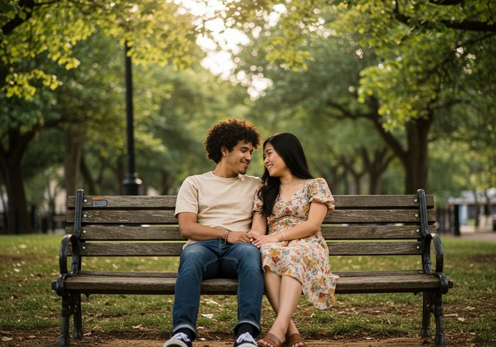Couple enjoying peace on bench in District 11 green park.