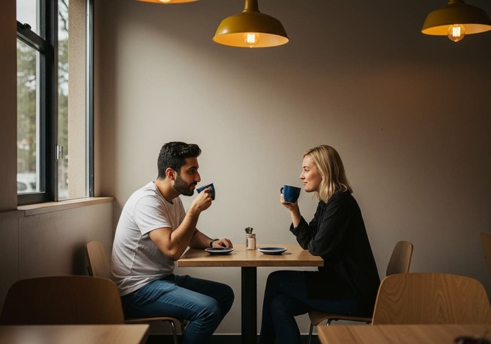 Couple enjoying relaxed brunch at cozy JVC café.