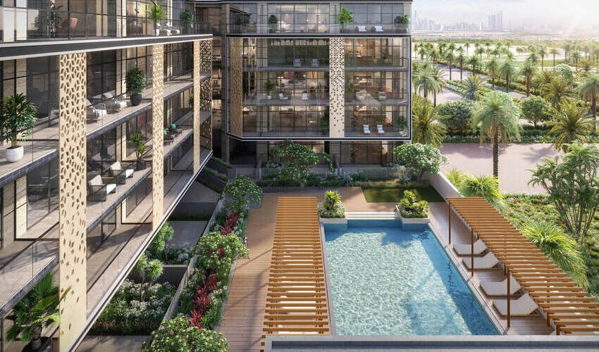 Sereno Residences pool and garden amenities offering tranquil lifestyle in Jumeirah Village Circle