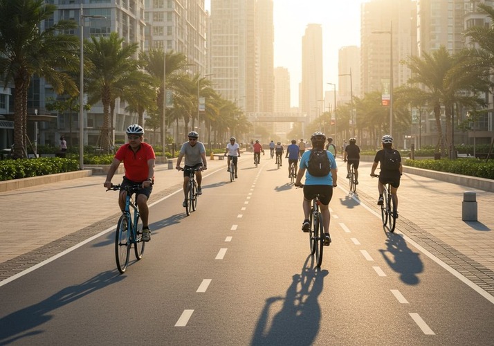 Cyclists on green-lined District 11 bike track JVC.
