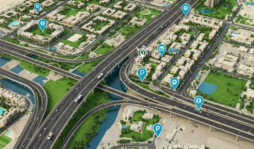 Road network and car near District 11 JVC, showing access to highways and ample parking for residents and visitors.