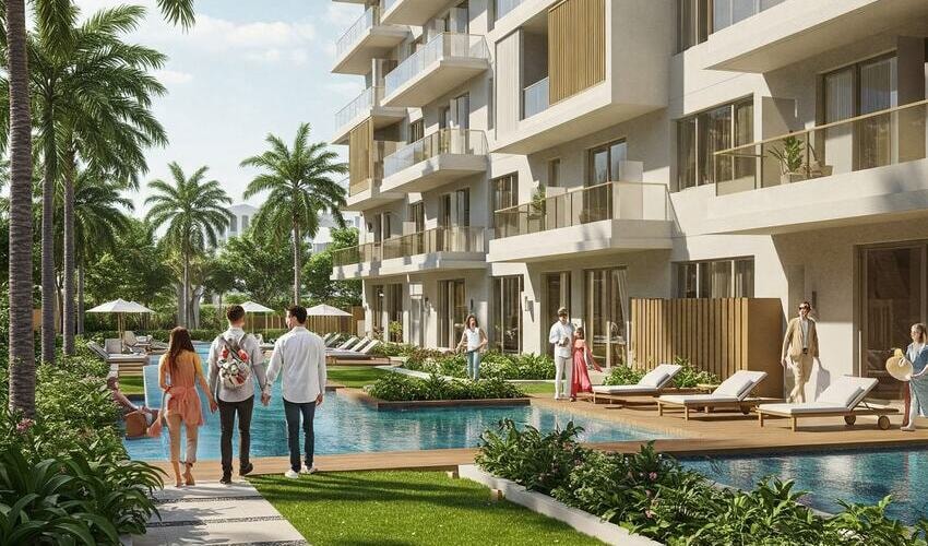 Modern apartments with pools, parks, and upscale amenities in District 11 JVC, reflecting luxury living in Dubai.