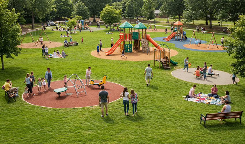 Families enjoying the playground in JVC community park