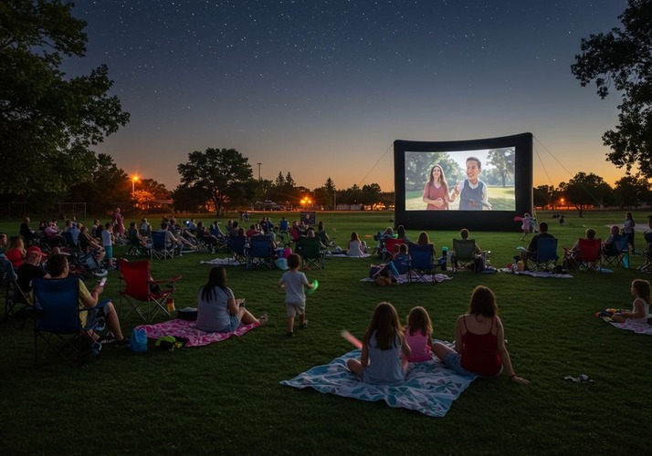 Families watching outdoor movie under stars in JVC.