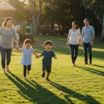 Family enjoying weekend play at lush JVC Community Park.