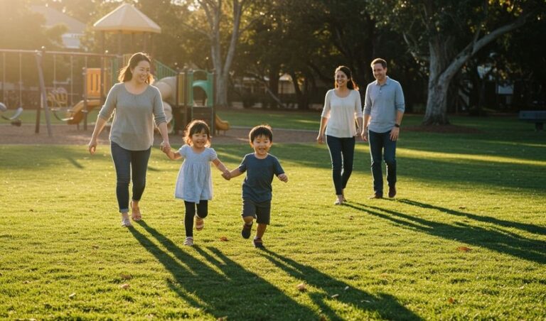 Family enjoying weekend play at lush JVC Community Park.