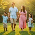 Family strolling in lush green JVC Community Park.