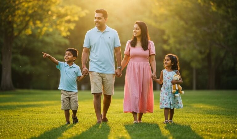 Family strolling in lush green JVC Community Park.