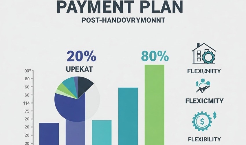 20/80 payment plan infographic showing minimal upfront cost and flexible post-handover payment.