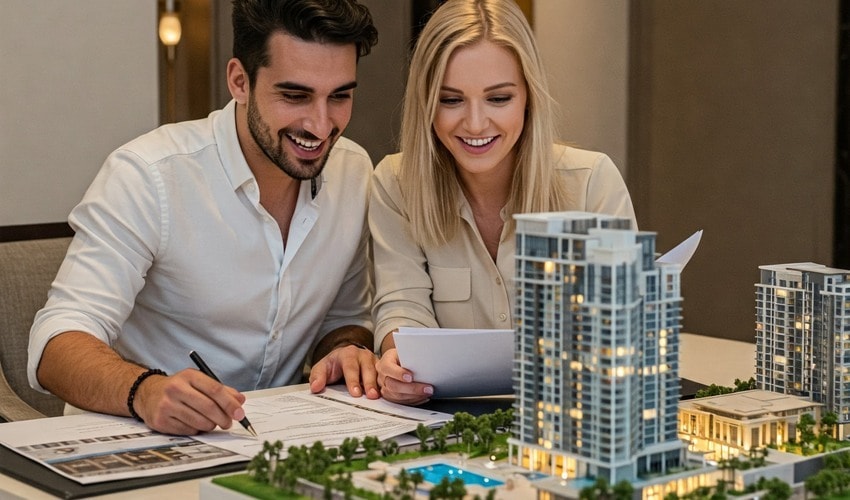Expats reviewing Dubai real estate documents, highlighting ease of investment for overseas buyers.