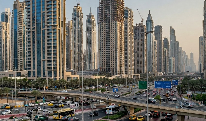 Traffic congestion near JVC with vehicles lined up and visible development activities in the background.