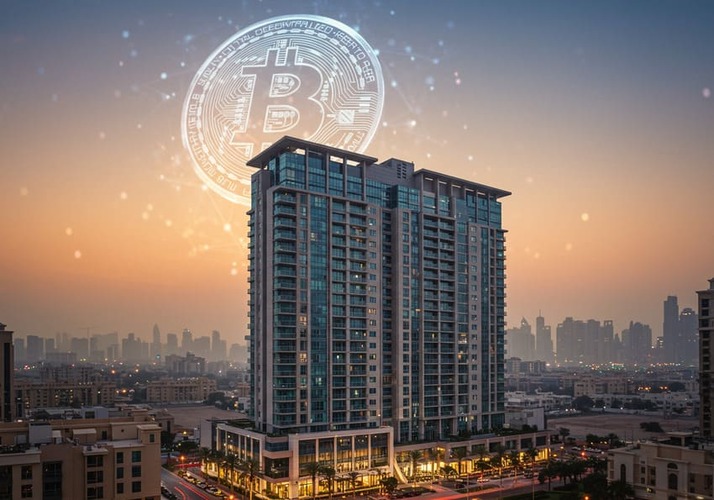 JVC luxury tower with Bitcoin overlay.