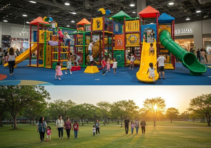 Kids enjoying Circle Mall indoor playground toys.