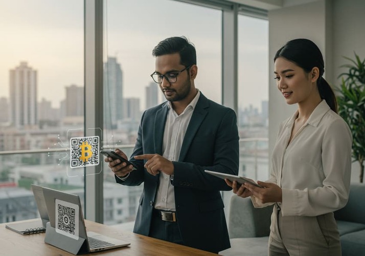 Person using QR code to transfer crypto for property