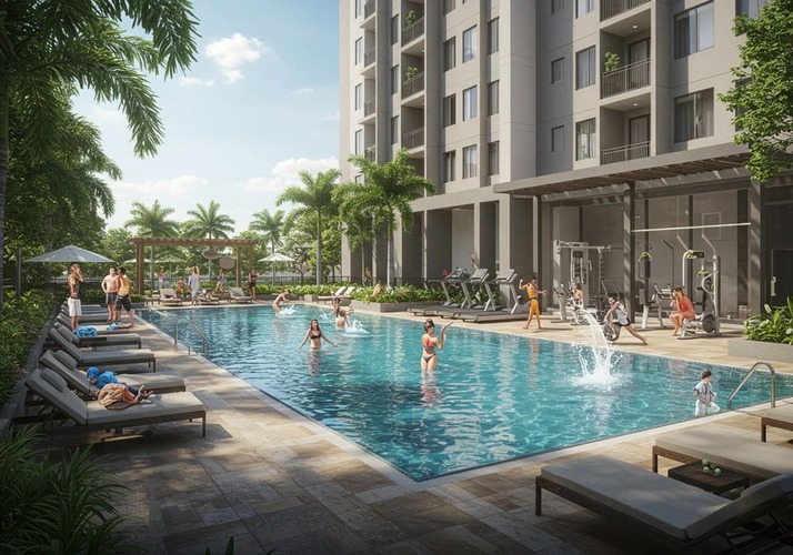 Pool and fitness deck at Sereno Residences JVC on weekend.