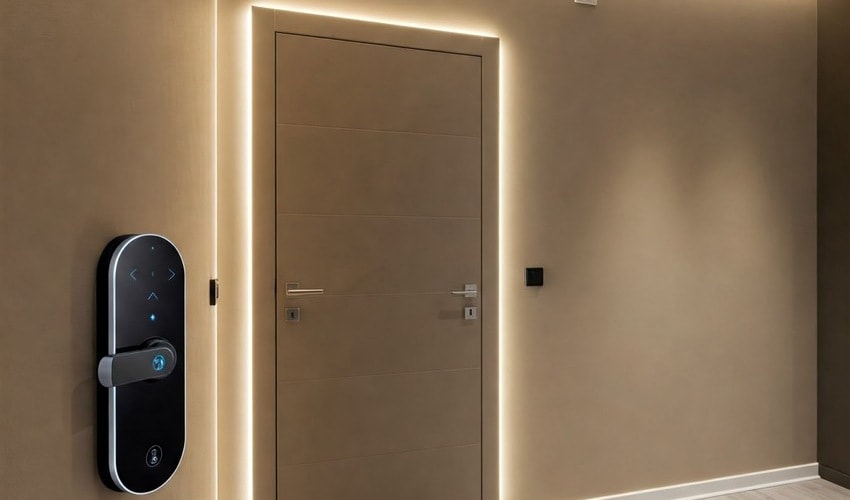 Upgraded apartment interior in JVC with smart lighting, modern flooring, and built-in storage features.