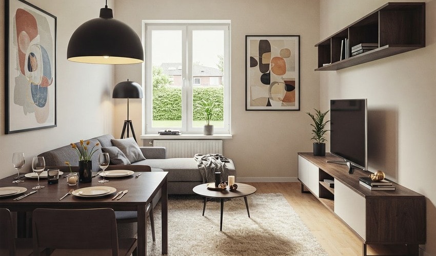 Fully furnished living room setup in a JVC apartment ideal for Airbnb or long-term rental listings.