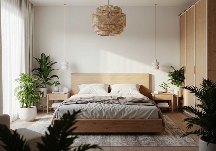 Scandi style bedroom with neutral tones and plants.