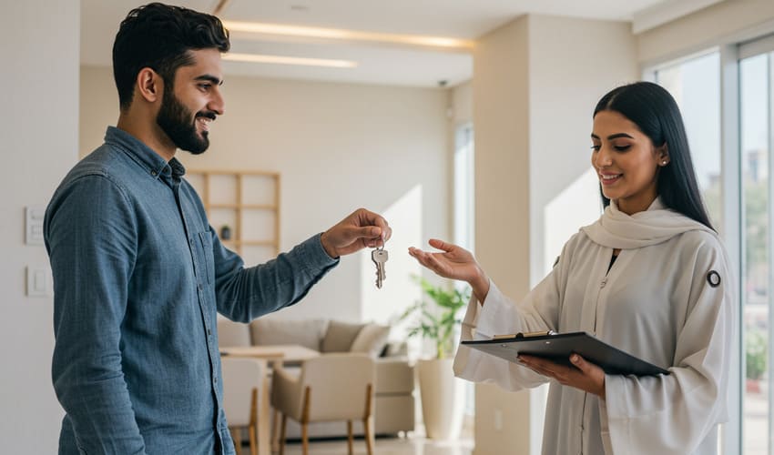 Tenant receiving keys to furnished micro-apartment