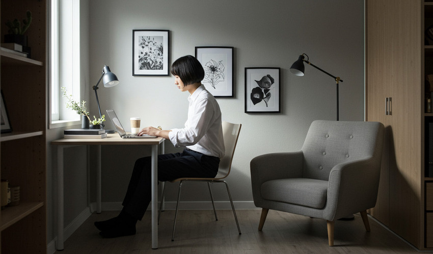 Young professional working in compact studio apartment