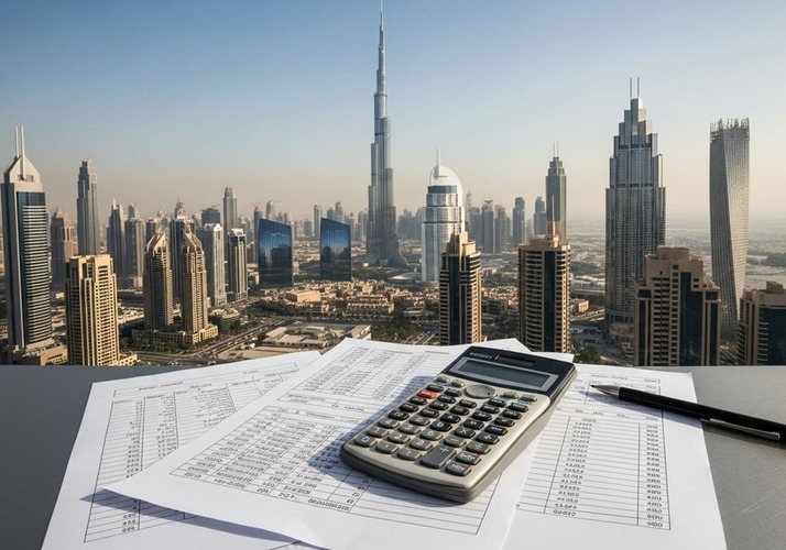 Calculator and mortgage documents over Dubai skyline background