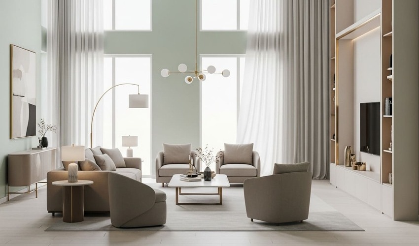 Clutter‑free living room with pastel green walls, natural light—ideal Vastu setup
