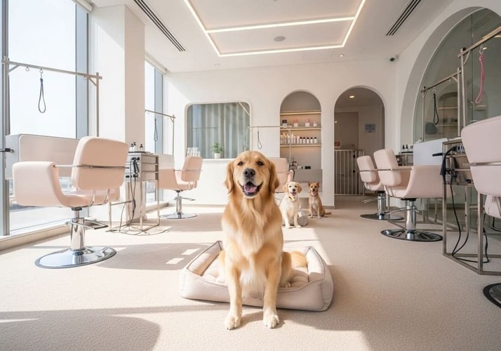 Dog being brushed at a trendy JVC pet grooming salon